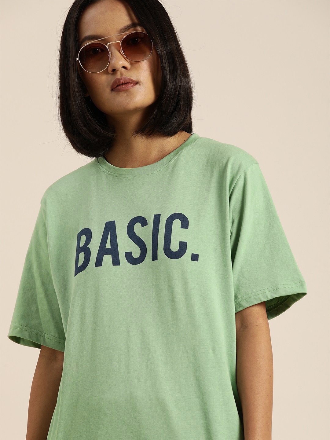 

DILLINGER Women Green Printed Round Neck Longline Oversized Pure Cotton T-shirt
