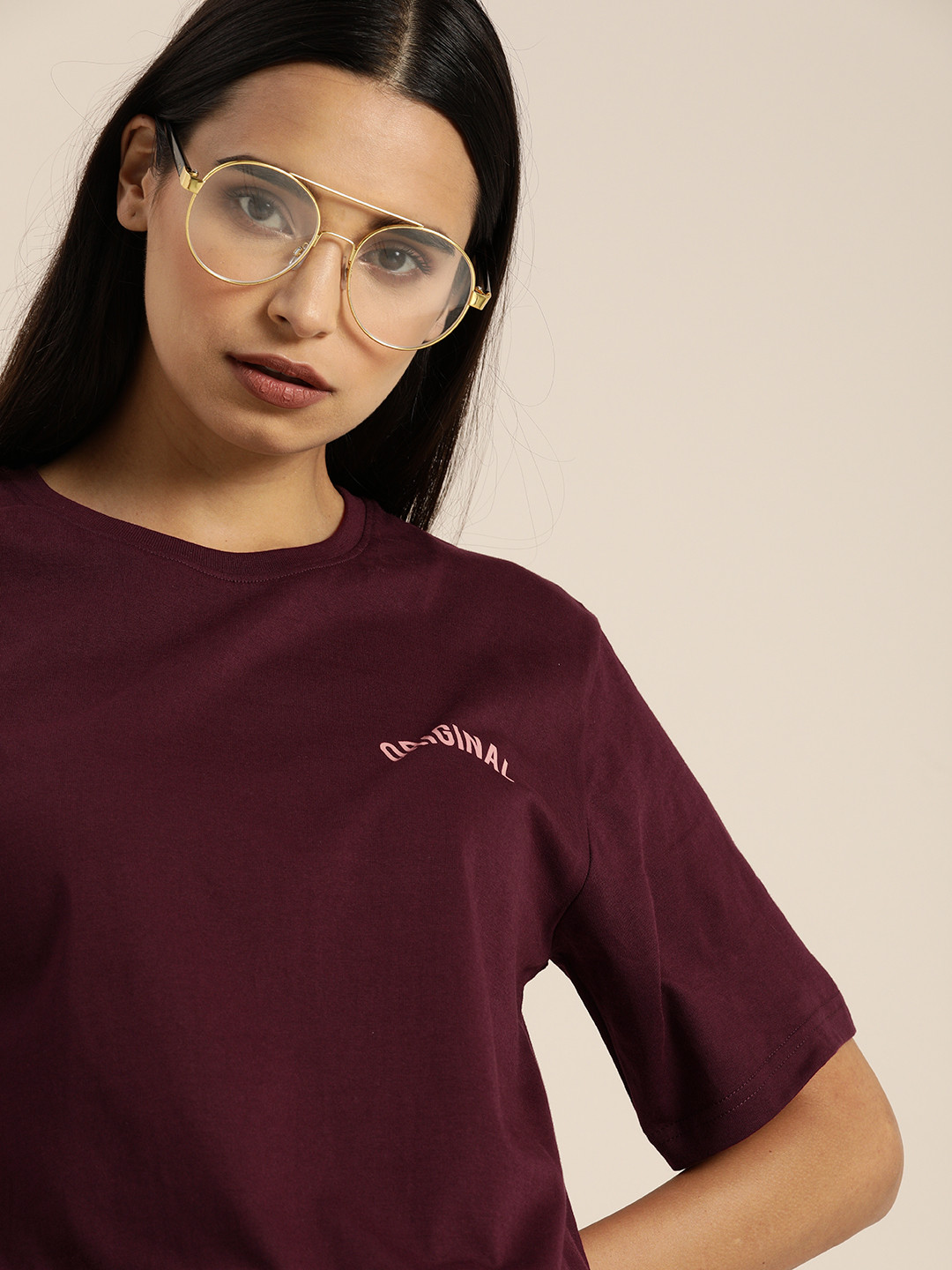 

DILLINGER Women Maroon Solid Round Neck Oversized Pure Cotton T-shirt