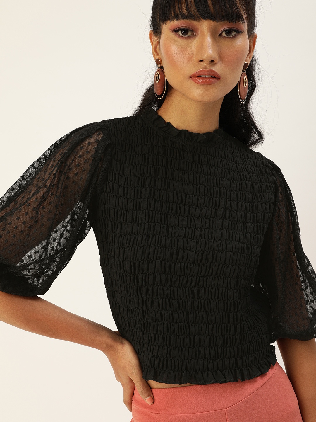 

Style Quotient Lustrous Black Solid Smocked Crop Top