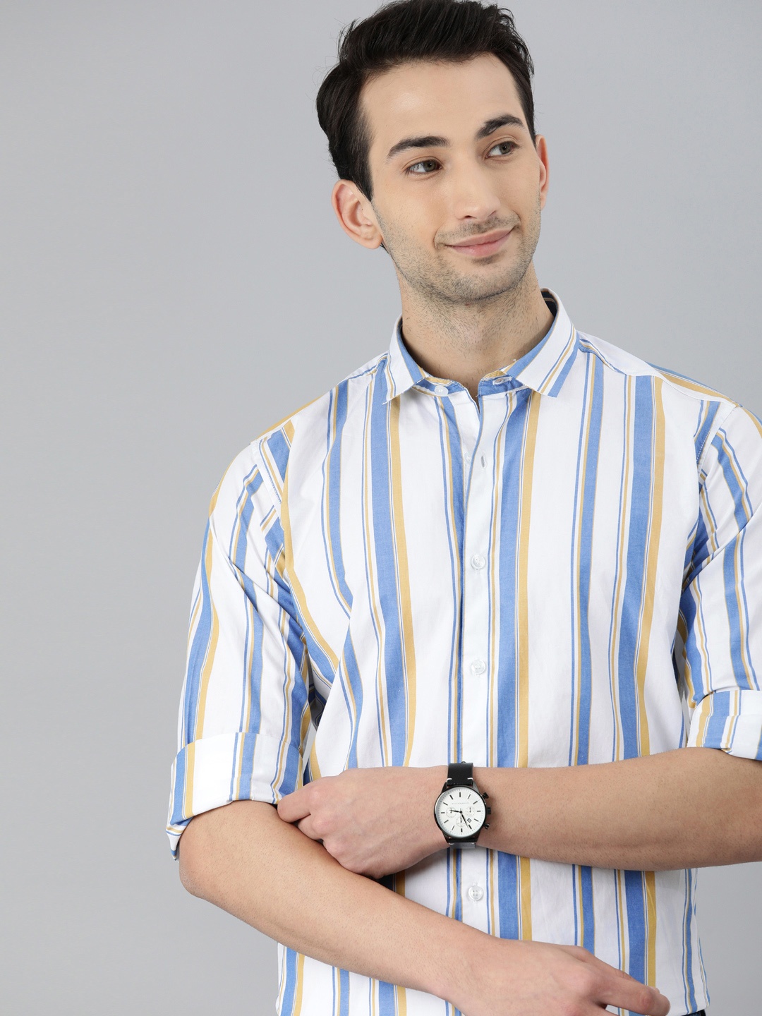 

Mast & Harbour Men White & Blue Striped Casual Shirt