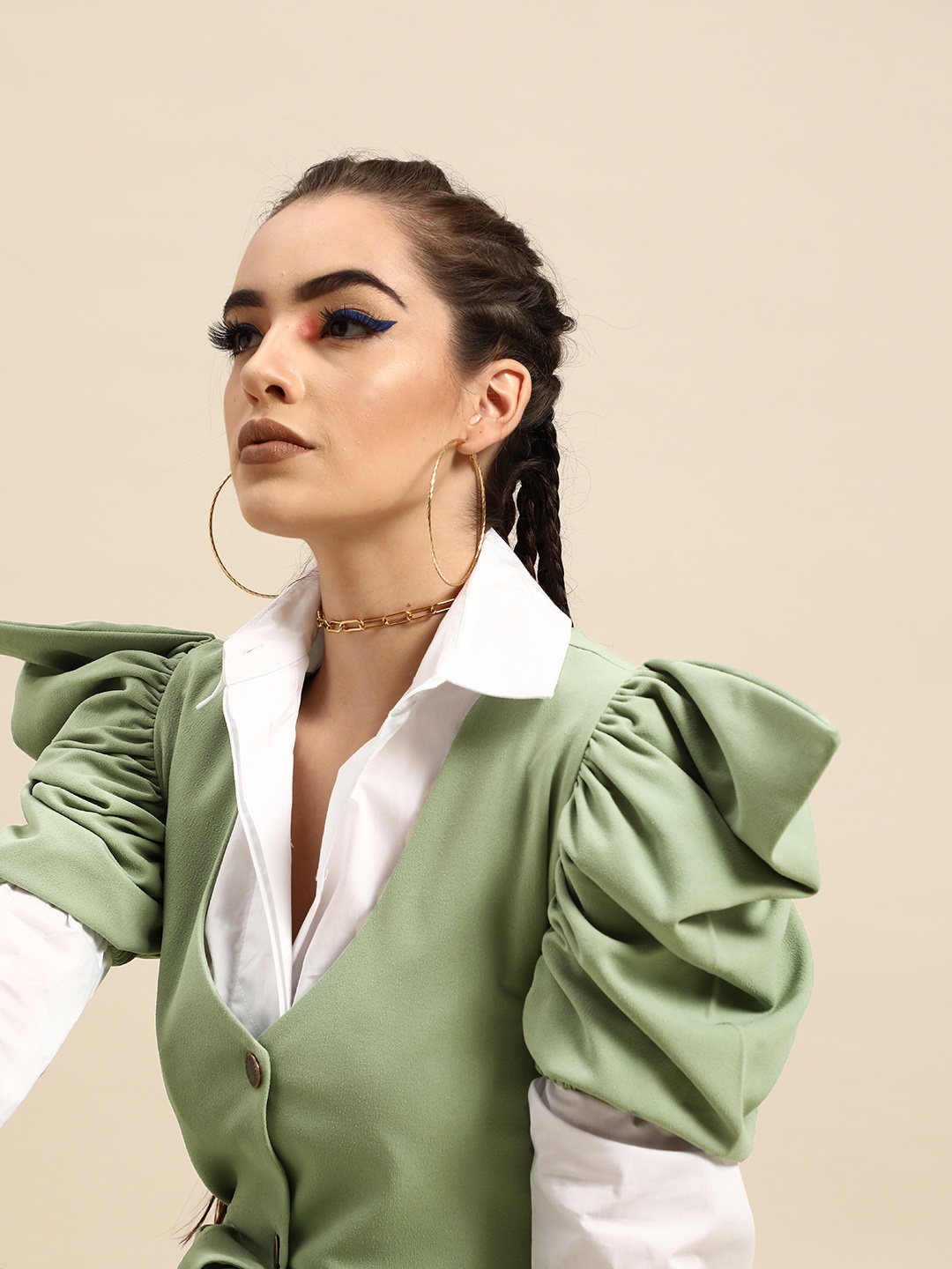 

Athena Green Power Shoulders Solid Street Style Blazer Dress