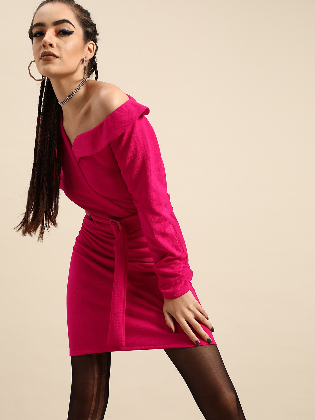 

Athena Fuchsia Solid Street Style Blazer Dress with Belt