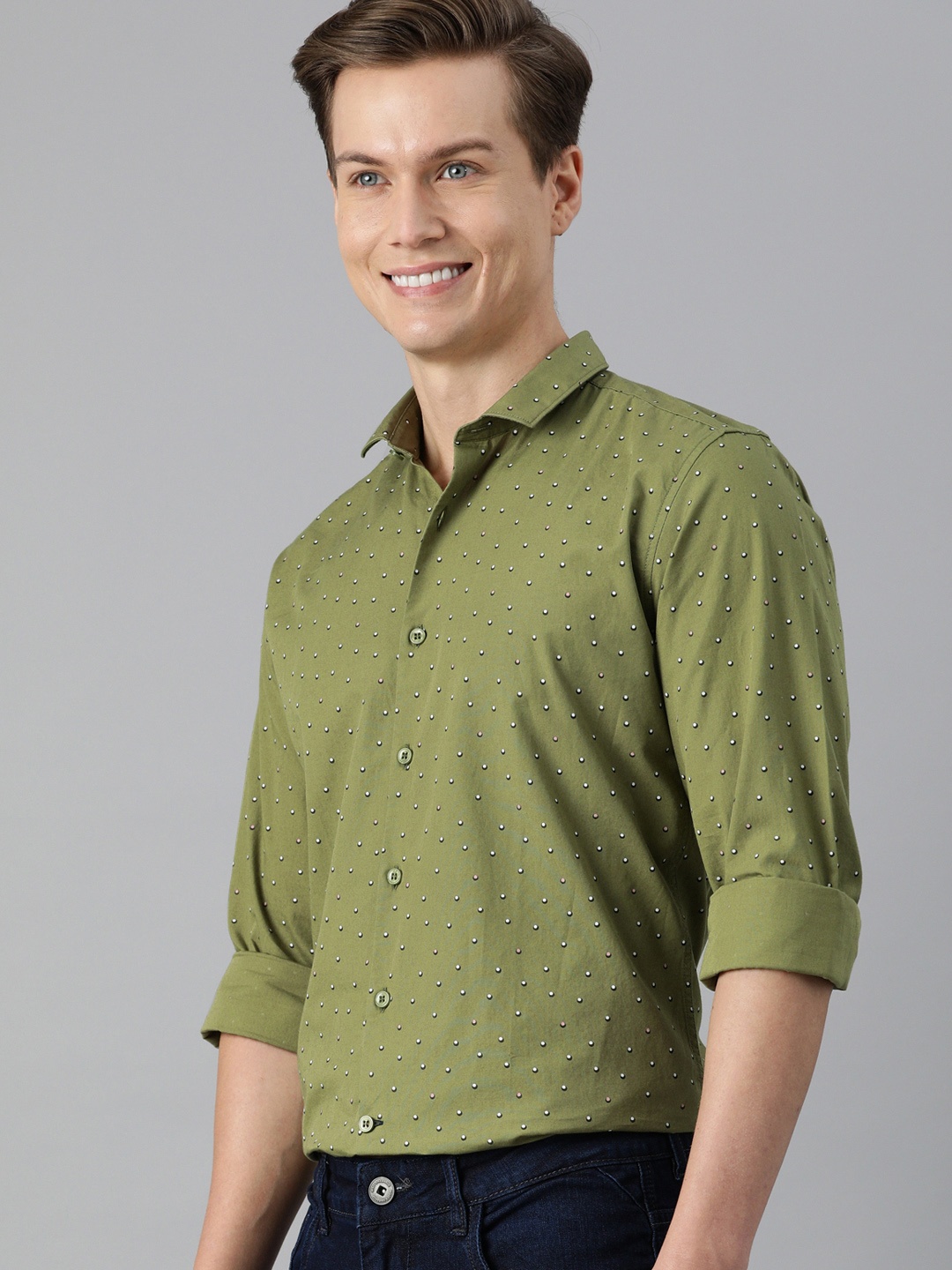 

Mast & Harbour Men Olive Green Printed Casual Shirt