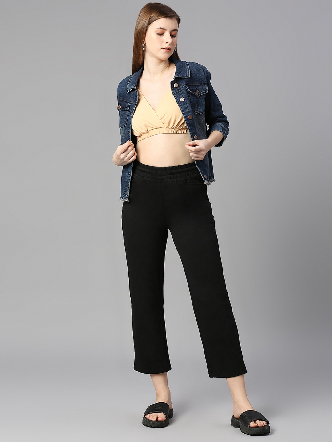 

High Star Women Black Solid Lightweight Crop Denim Jacket