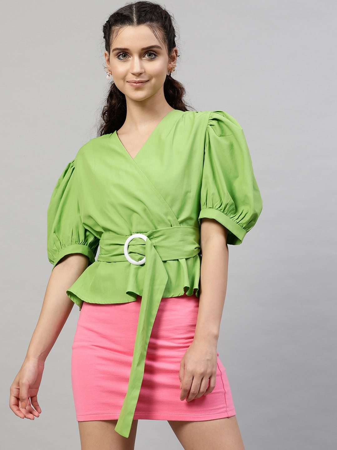 

Street 9 Women Green Puff Sleeves Pure Cotton Wrap Top