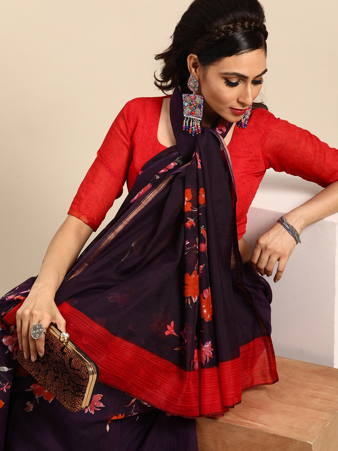 

Saree mall Aubergine & Red Floral Printed Saree, Purple