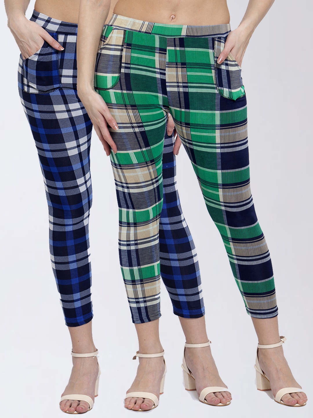 

KLOTTHE Women Pack Of 2 Checked Skinny-Fit Treggings, Green