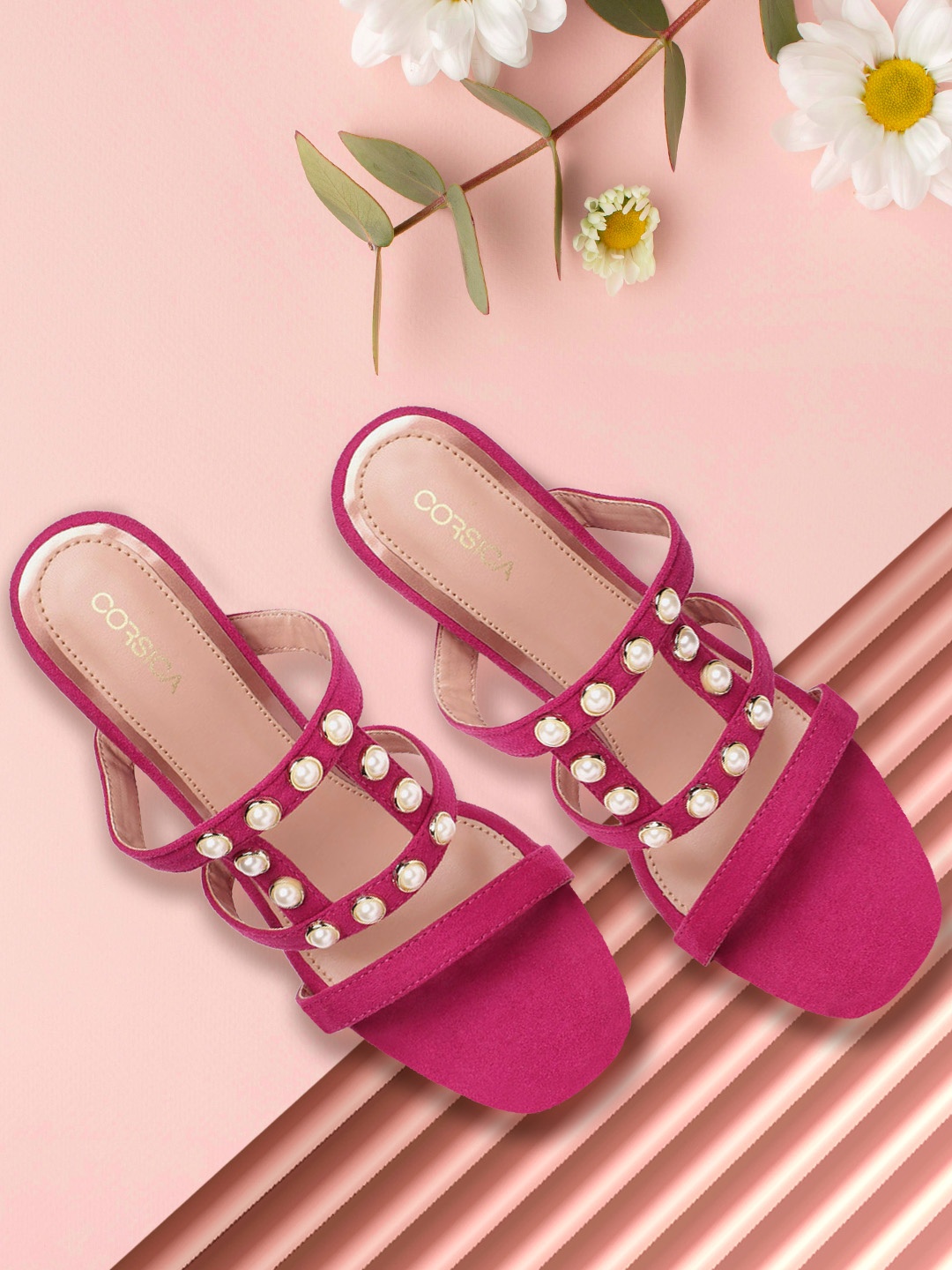 

CORSICA Women Fuchsia Pink & Off White Embellished Block Heels