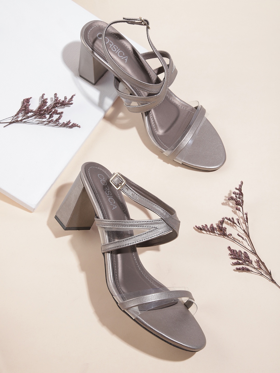 

CORSICA Gunmetal-Toned & Transparent Solid Strappy Block Heels, Metallic