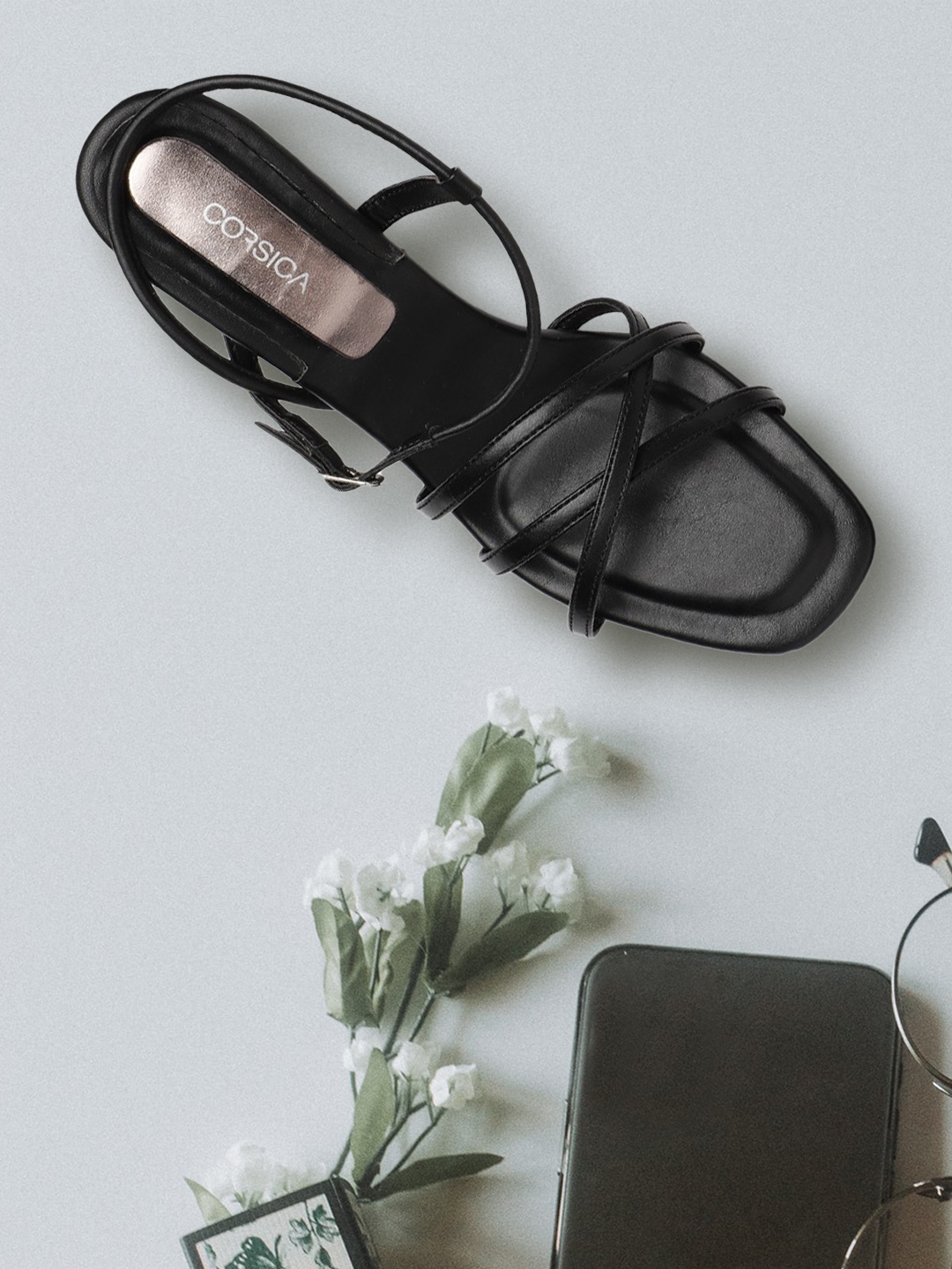 

CORSICA Black Solid Criss-Cross Open Toe Block Heels
