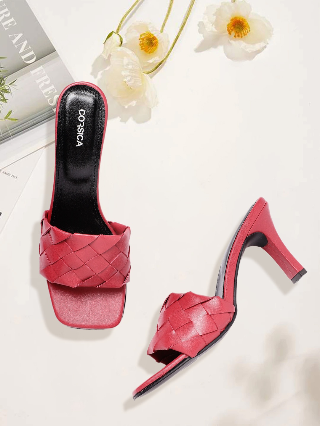 

CORSICA Women Coral Red Basketweave Heels