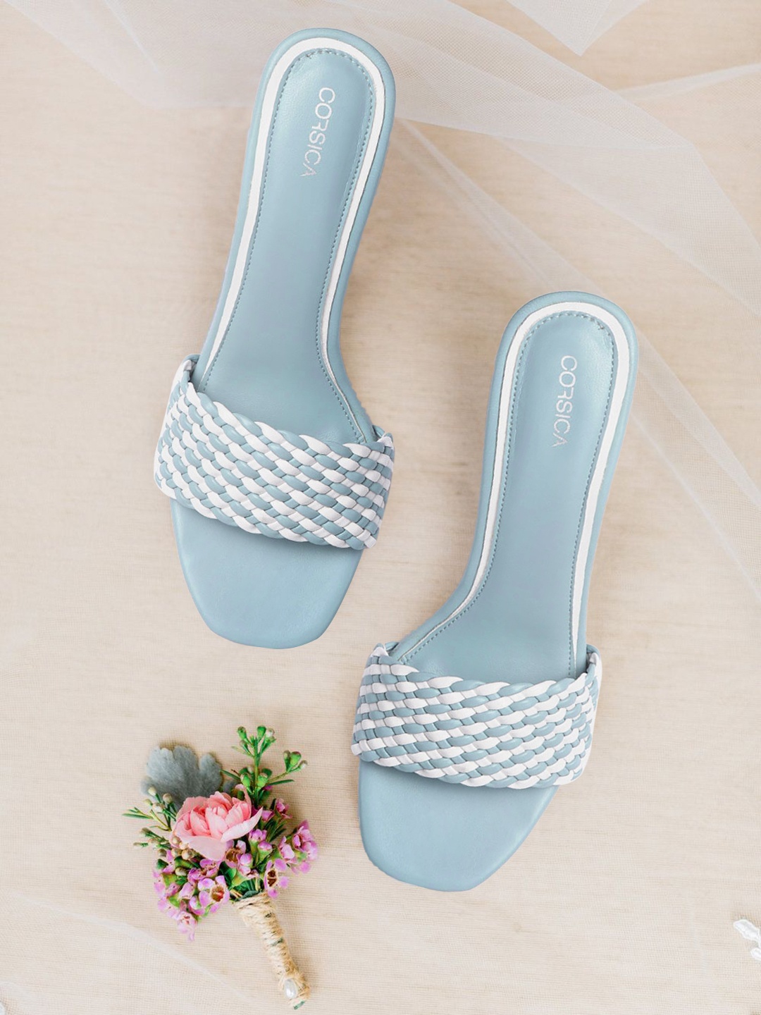 

CORSICA Blue & White Basketweave Stripes Block Heels