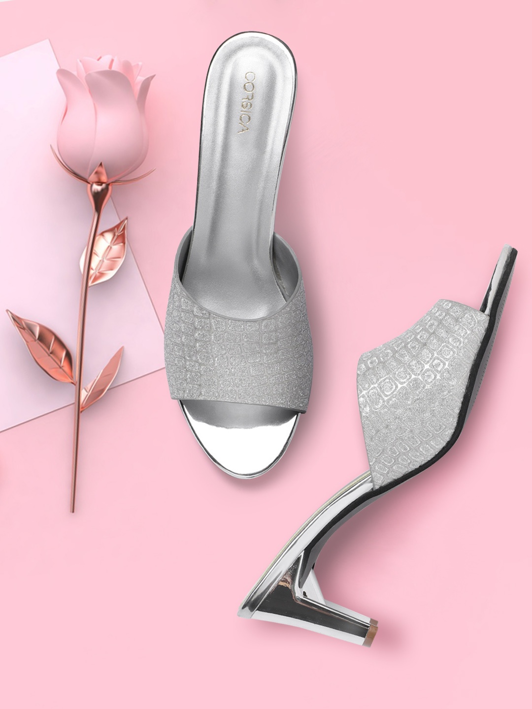 

CORSICA Silver-Toned Croc Textured Shimmer Block Heels