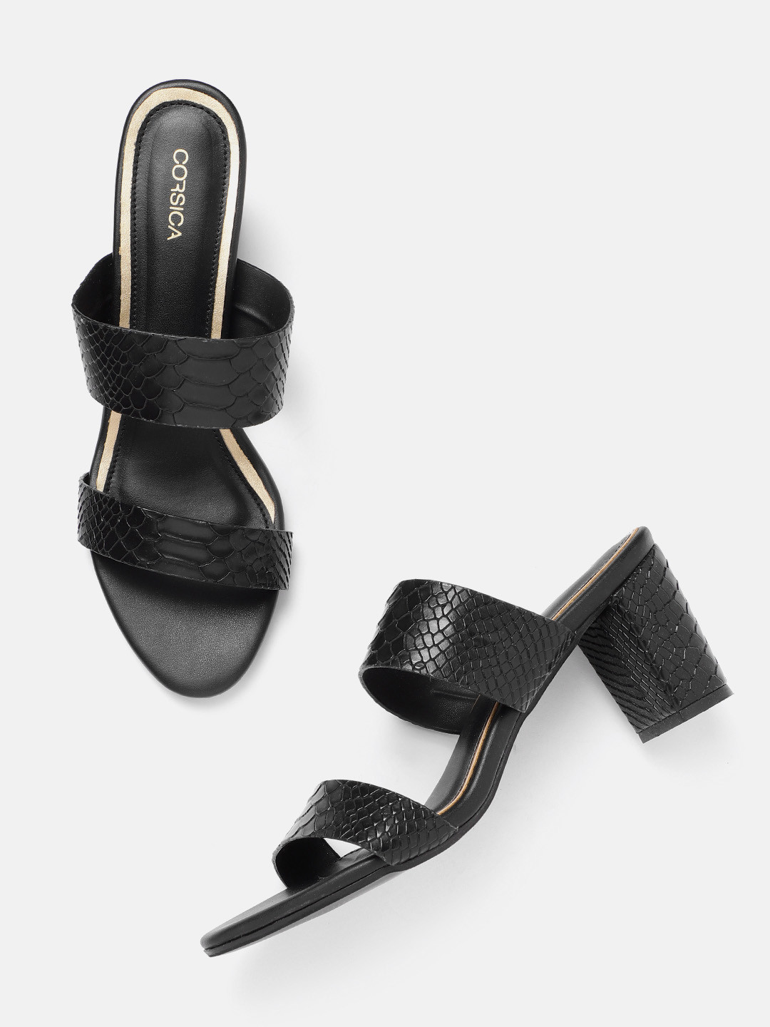 

CORSICA Women Black Snakeskin Textured Block Heels
