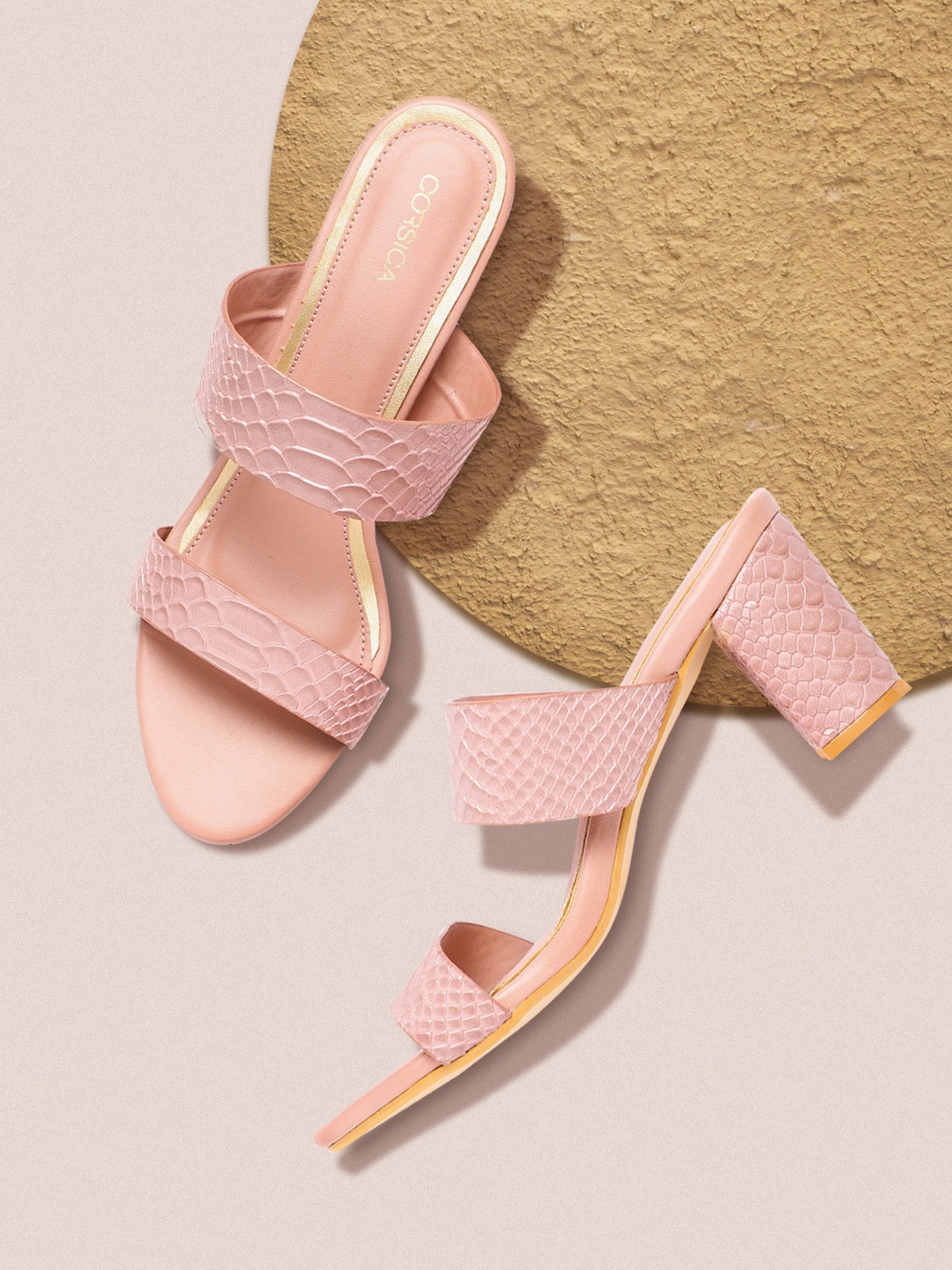 

CORSICA Women Peach-Coloured Snakeskin Textured Block Heels