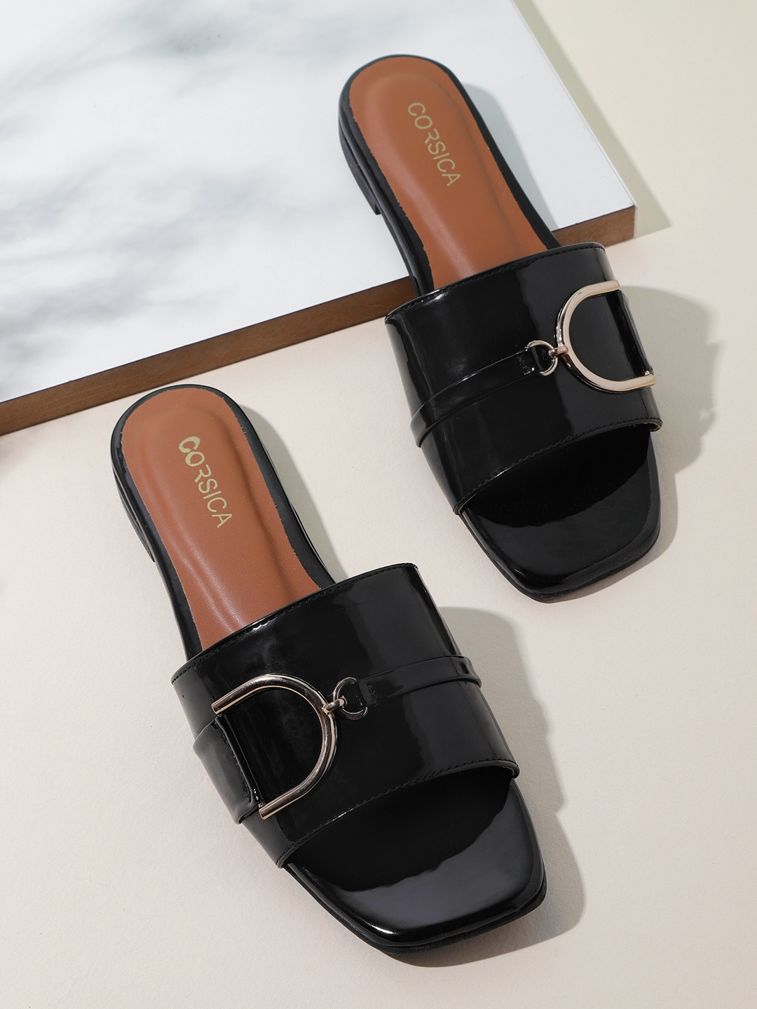 

CORSICA Women Black Solid Patent Effect Open Toe Flats with Metallic Detail