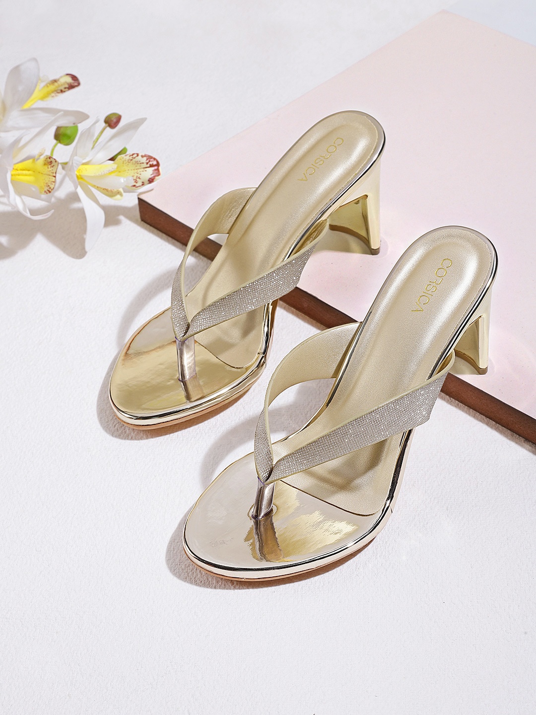 

CORSICA Gold-Toned Shimmer Party Open Toe Block Heels
