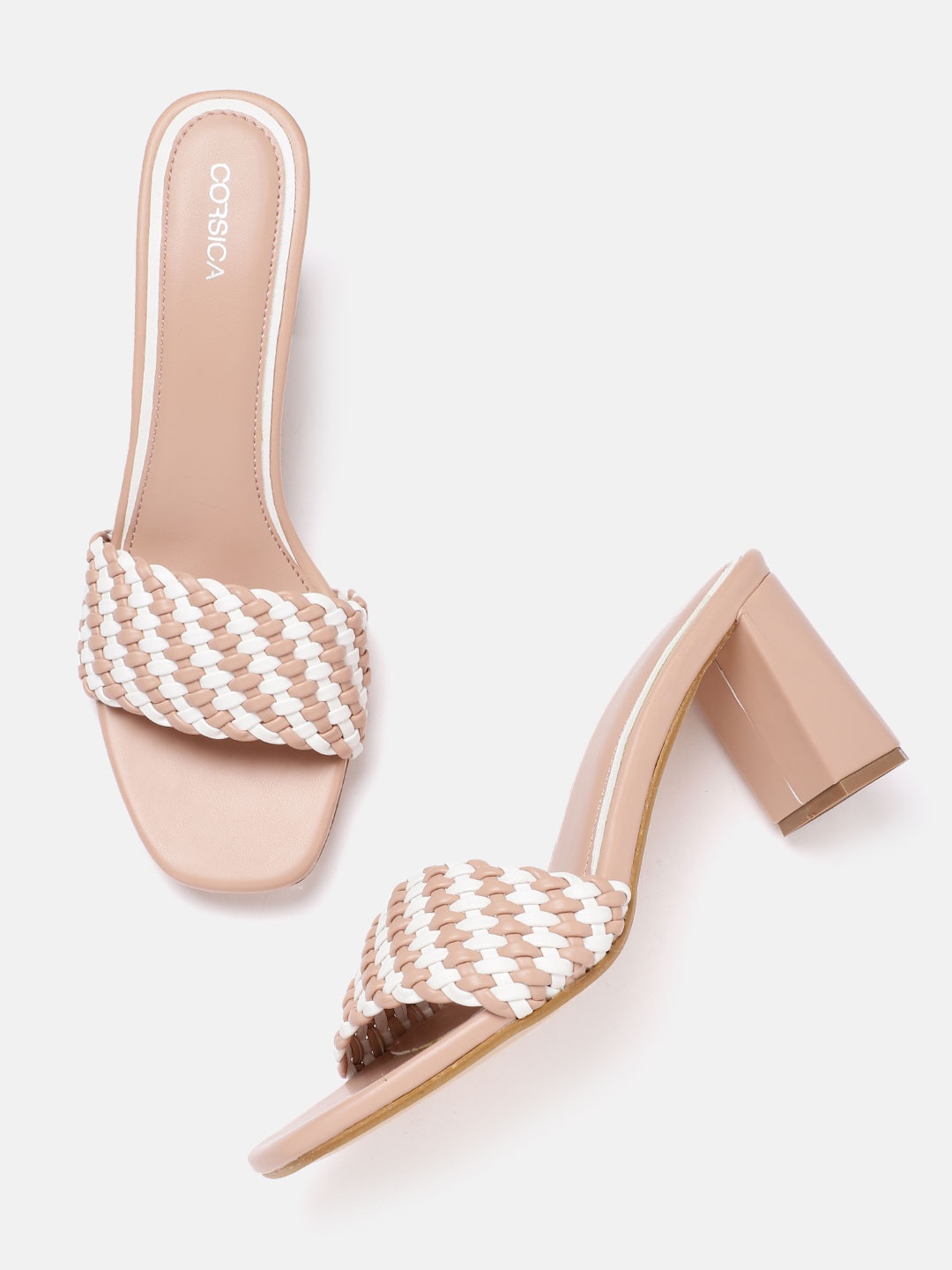 

CORSICA Women Nude-Coloured & White Basketweave Block Heels