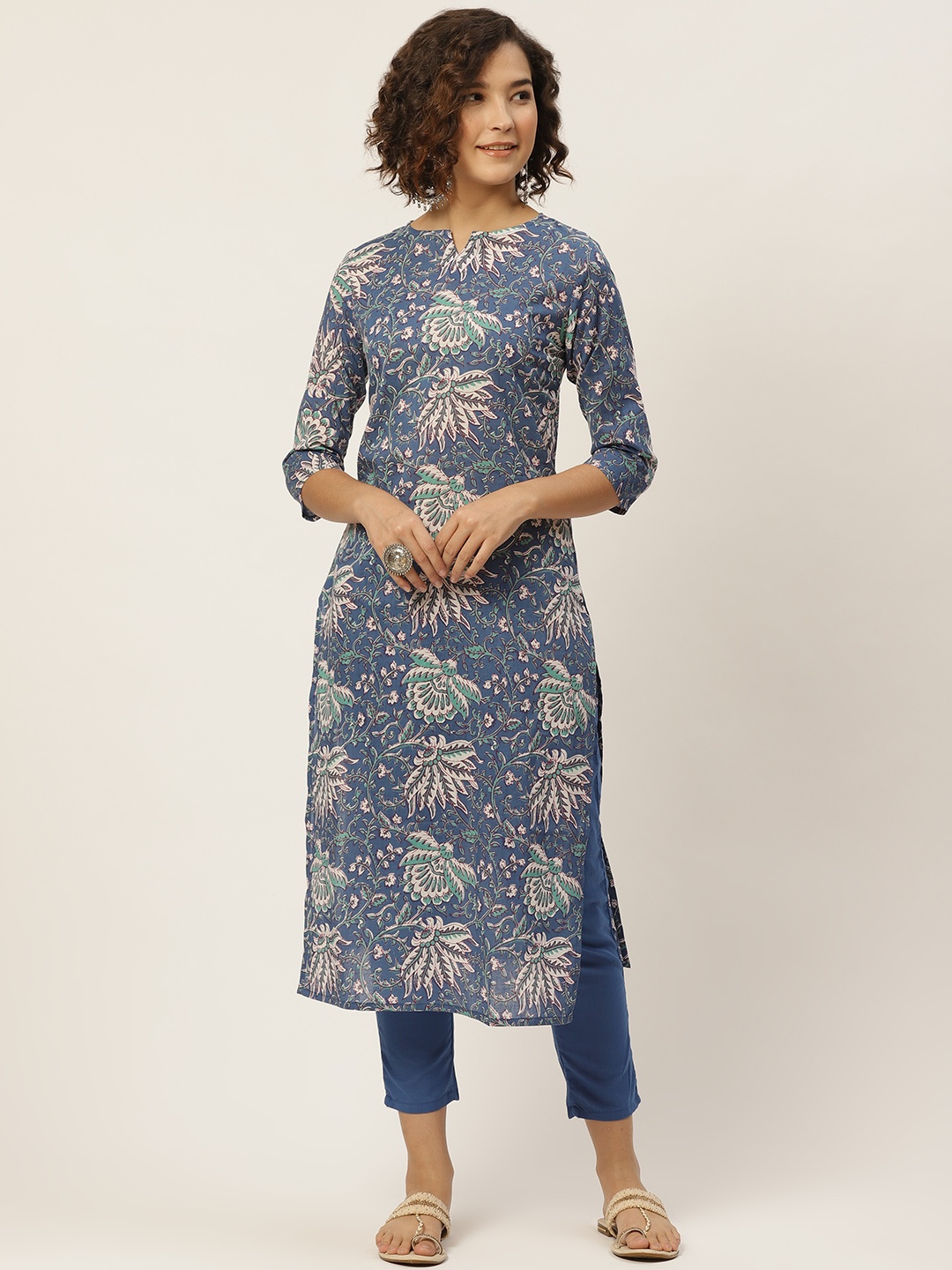 Anouk Women Navy Blue & Green Printed Pure Cotton Kurta with Trousers
