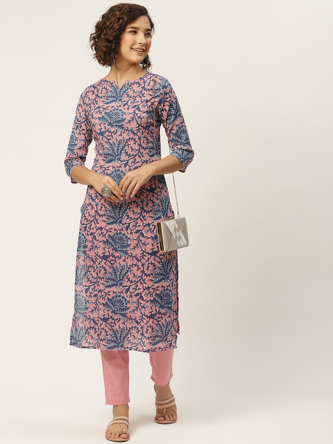 

Anouk Women Pink & Navy Blue Ethnic Motifs Printed Pure Cotton Kurta with Trousers