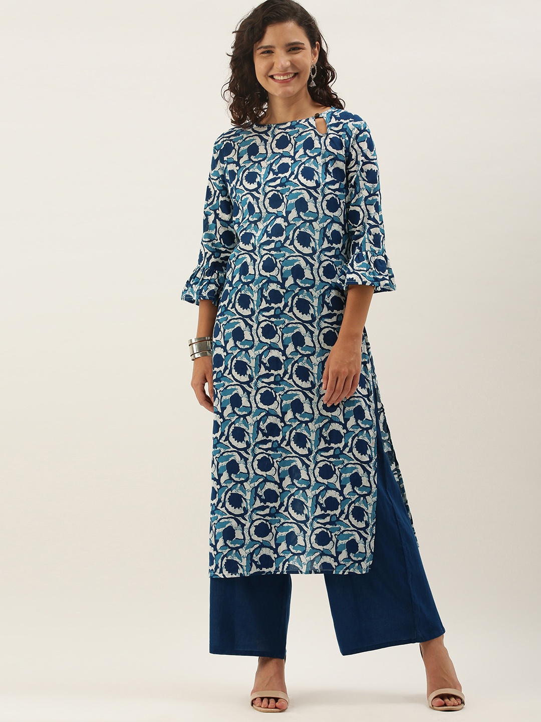 

Anouk Women Blue Floral Printed Pure Cotton Kurta with Palazzos