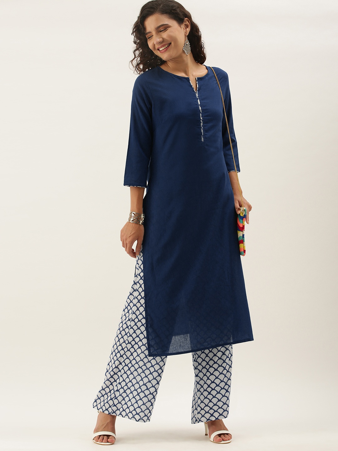 

Anouk Women Navy Blue & White Pure Cotton Kurta with Palazzos