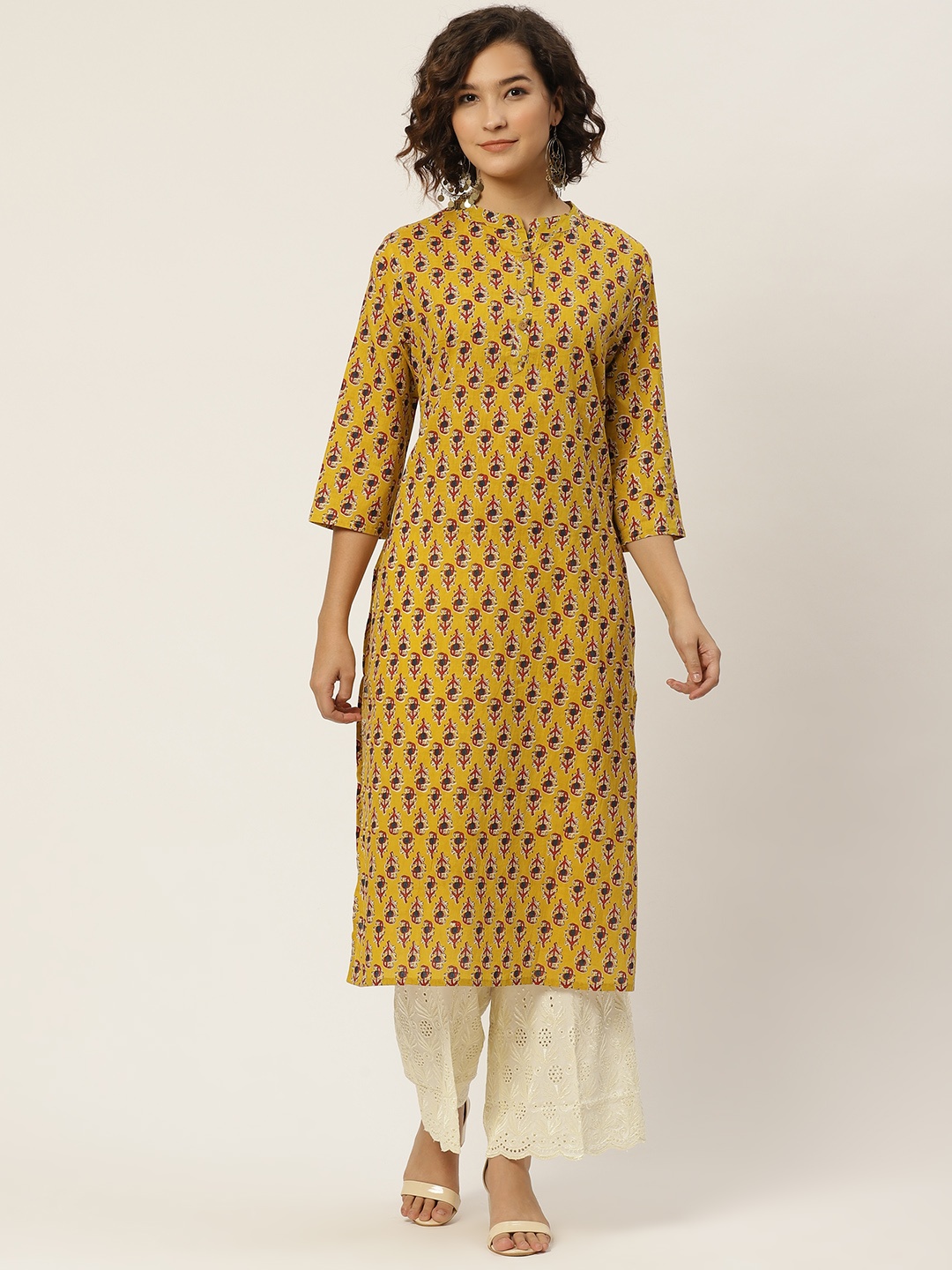 

Anouk Women Mustard Yellow & Rust Red Ethnic Motifs Pure Cotton Printed Kurta