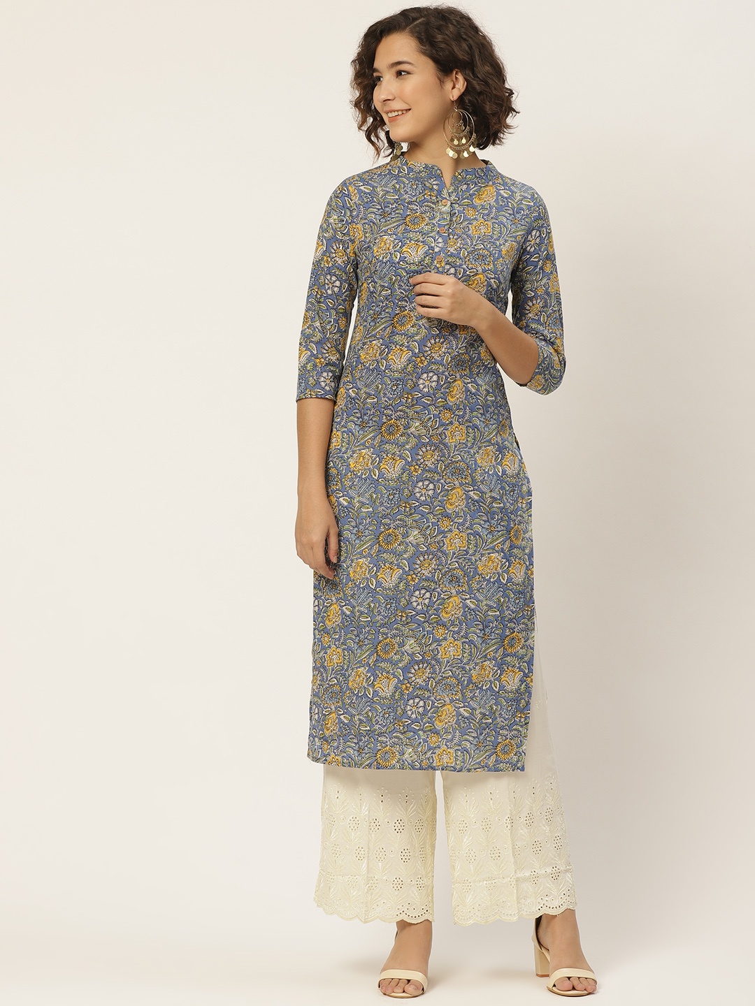 

Anouk Women Blue & Yellow Ethnic Motifs Pure Cotton Printed Kurta