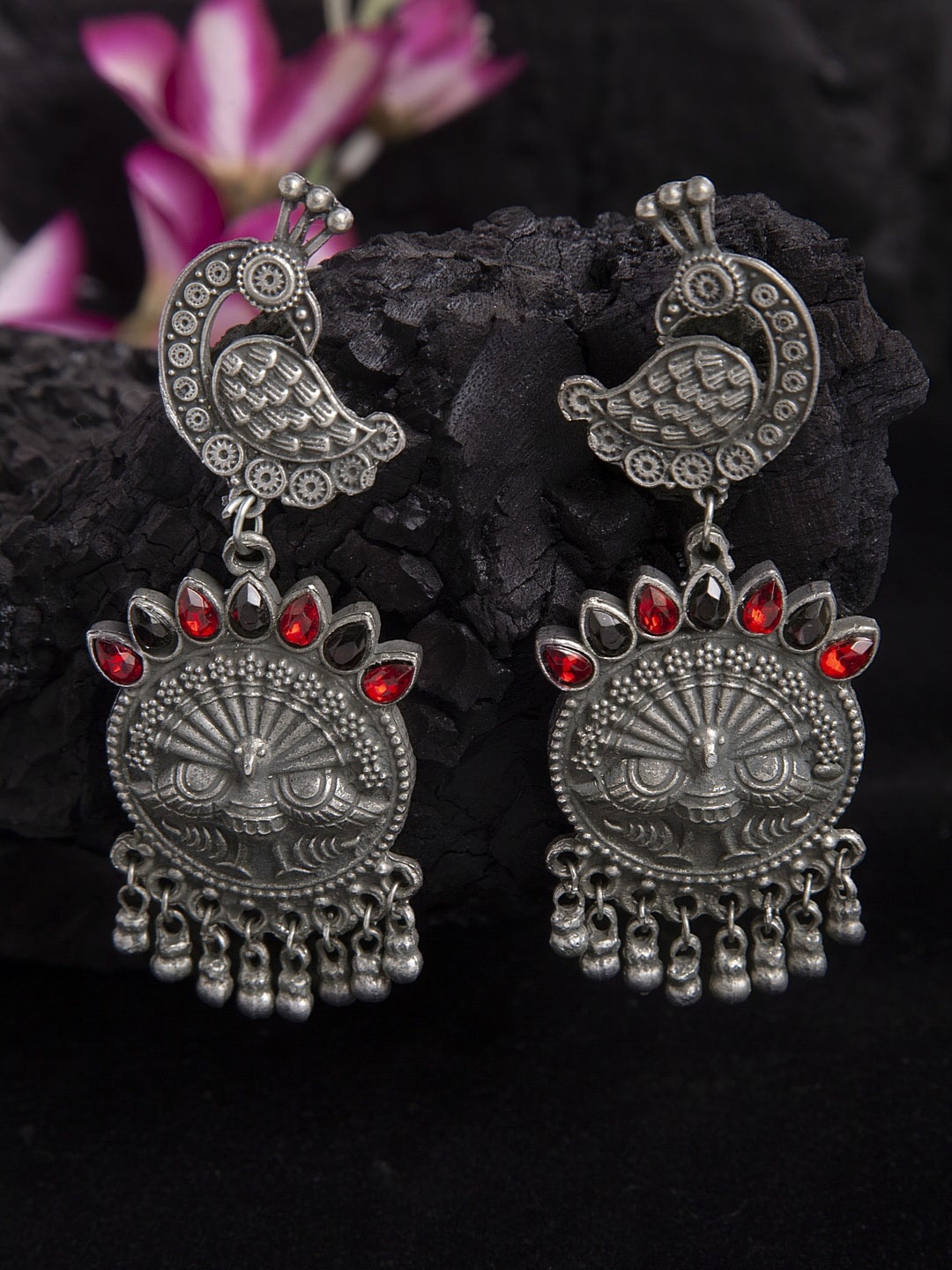 

Moedbuille Stone Studded Peacock Design Oxidised Silver Plated Handcrafted Tribal Chandbalis