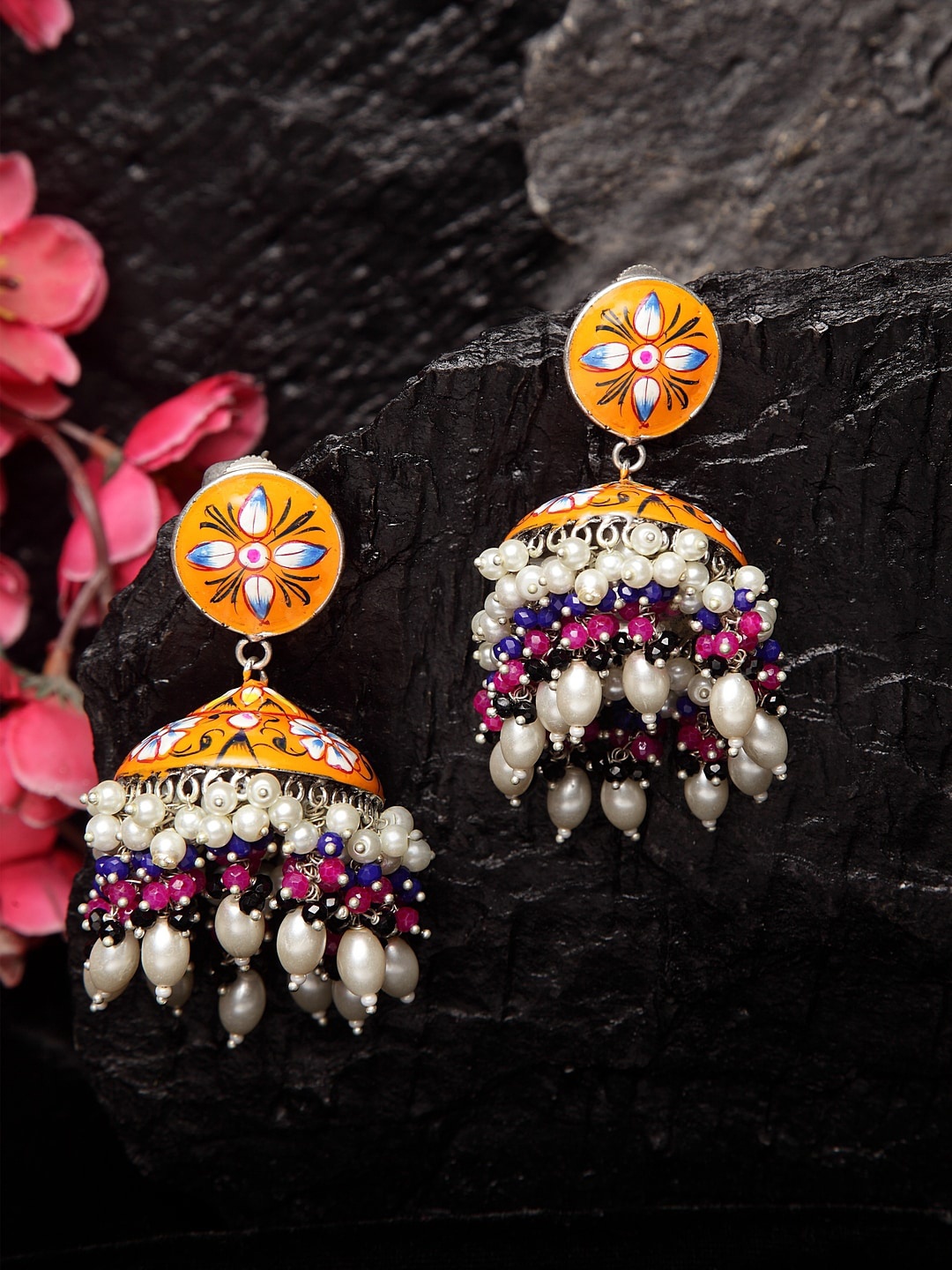 

Moedbuille Pearls and Beads Studded Handpainted Meenakari Silver Plated Handcrafted Brass Jhumkas, Orange