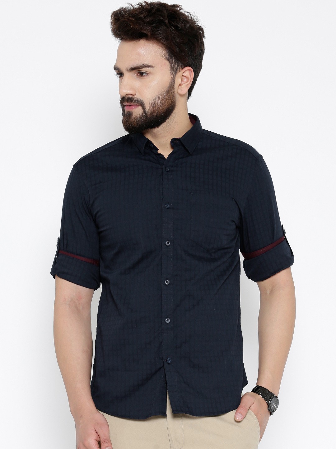 

Highlander Navy Checked Slim Fit Casual Shirt, Navy blue