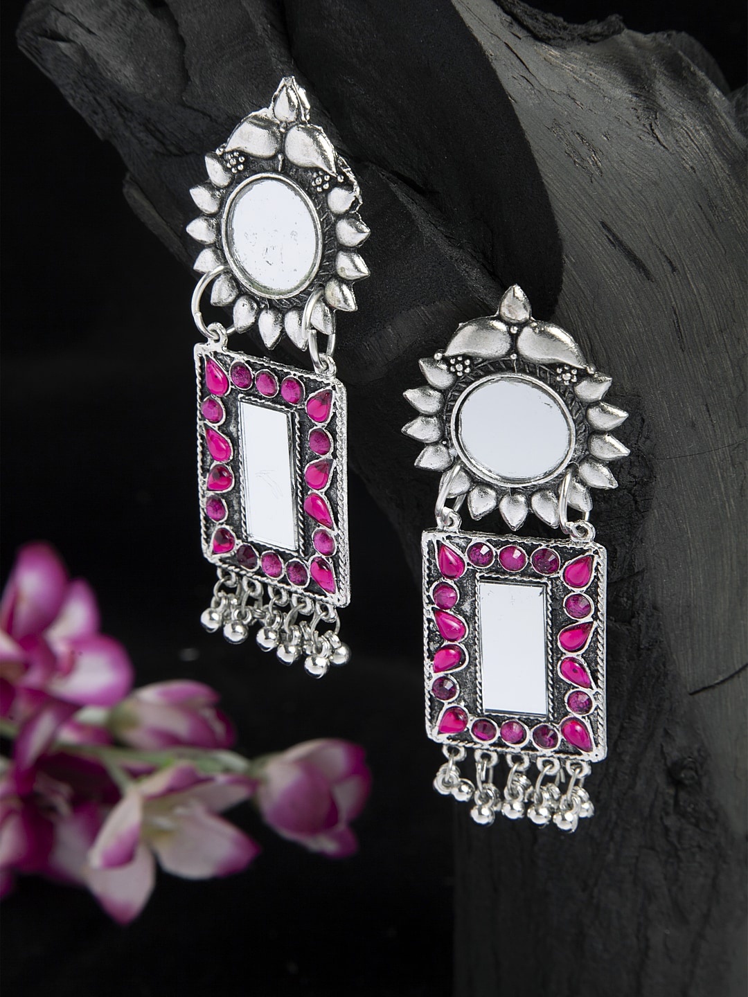 

Moedbuille Mirror & Pink Stones Studded Floral Design Oxidised Silver Plated Handcrafted Earrings