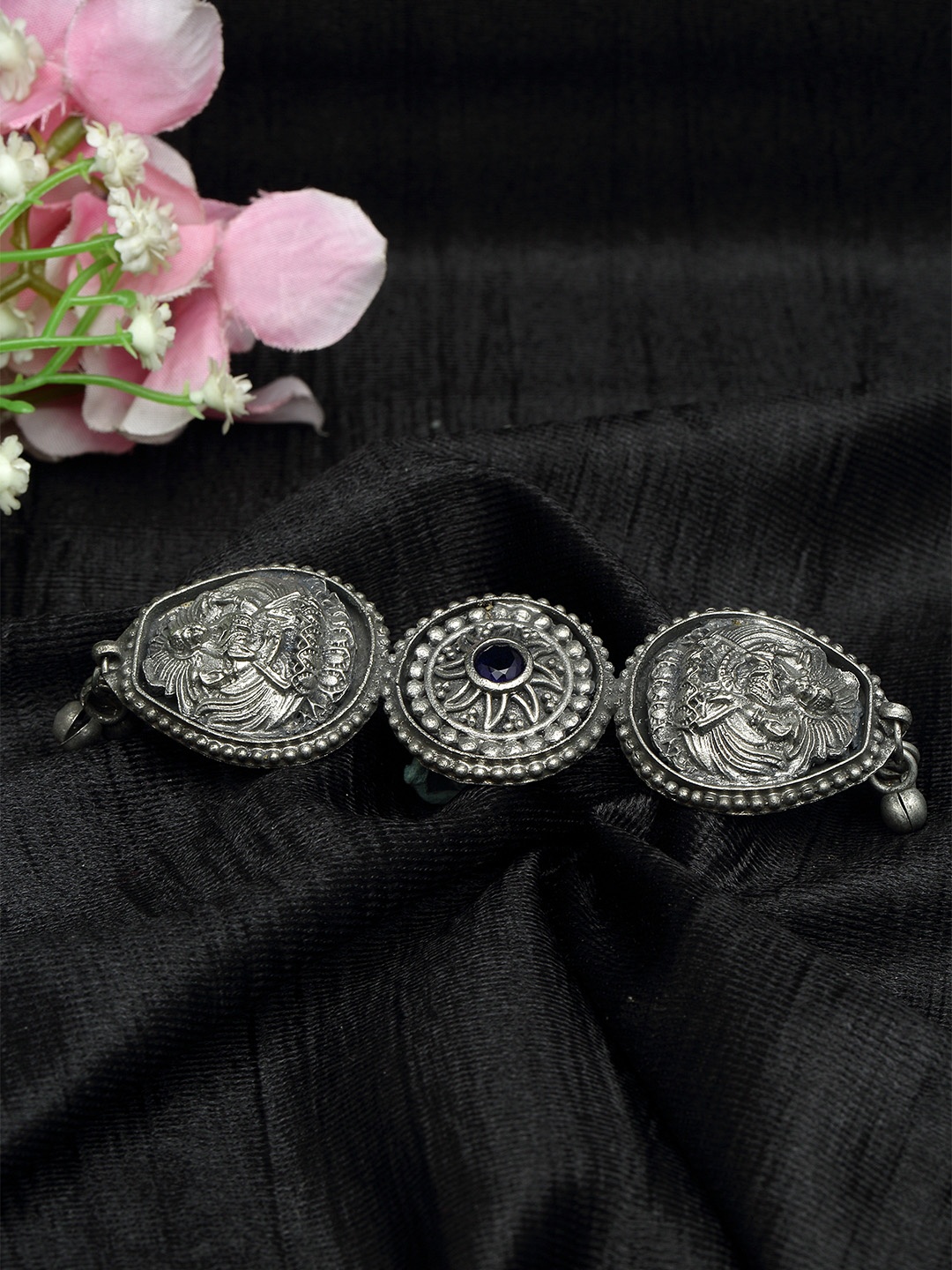 

Moedbuille Black Stone Studded Laxmi Design Oxidised Silver Plated Handcrafted Finger Ring