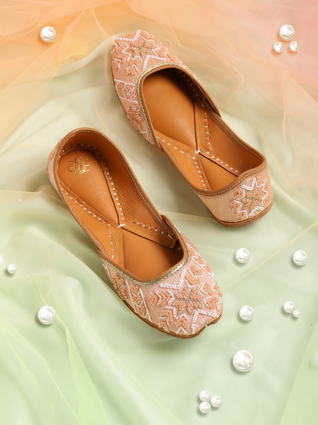 

House of Pataudi Women Peach-Coloured Embellished Handcrafted Mojaris