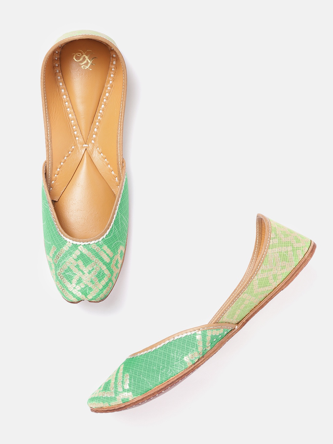 

House of Pataudi Women Green & Gold-Toned Printed Leather Handcrafted Mojaris