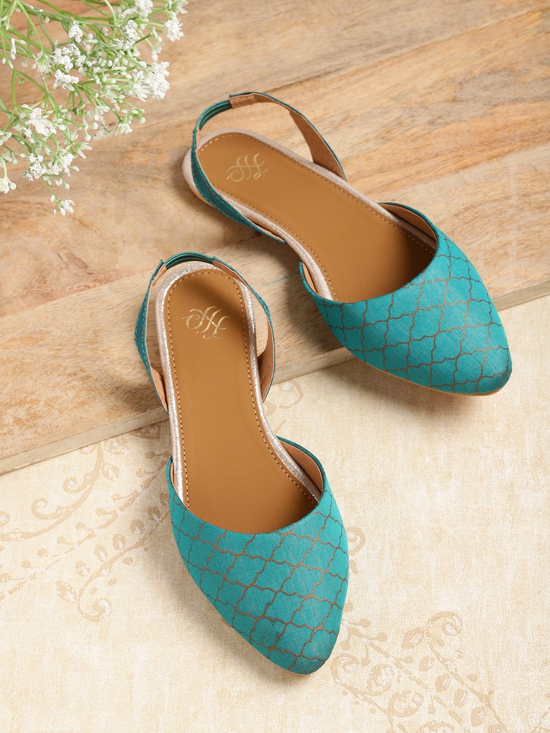 

House of Pataudi Women Sea Green & Gold-Toned Printed Handcrafted Closed Toe Flats