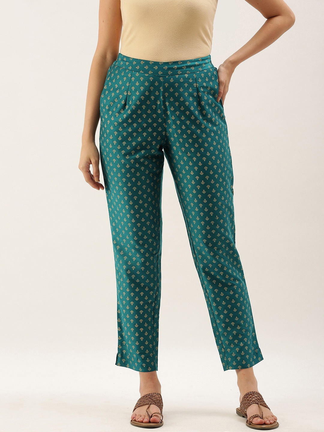 

Anouk Women Teal Printed Cigarette Trousers