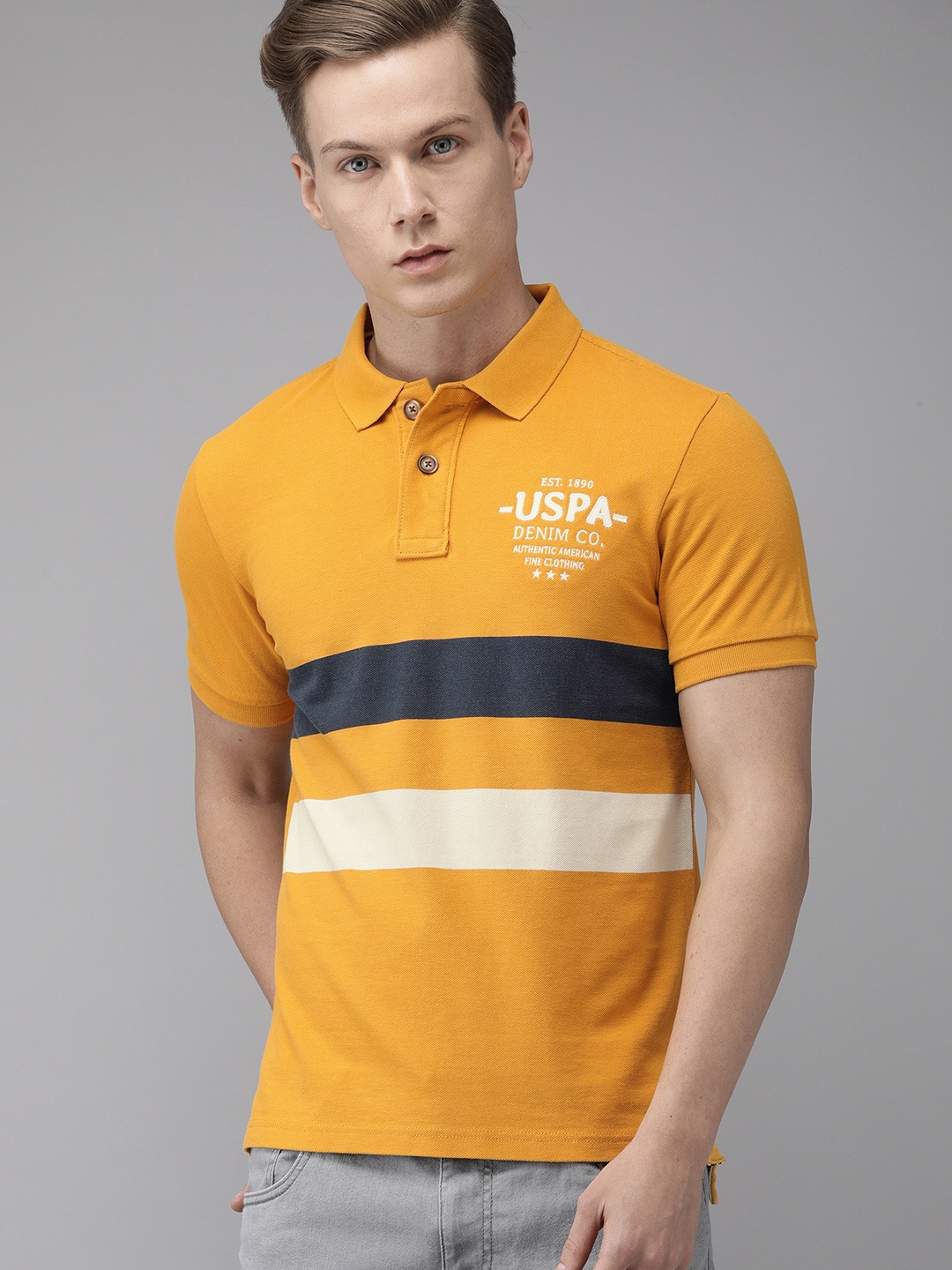 

U.S. Polo Assn. Denim Co. Men Yellow Printed Polo Collar Pure Cotton T-shirt