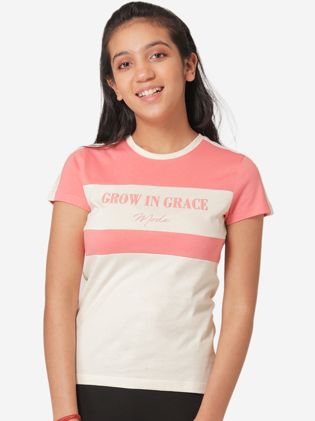 

Mode by Red Tape Girls Coral Pink & Off-White Colourblocked Round Neck T-shirt