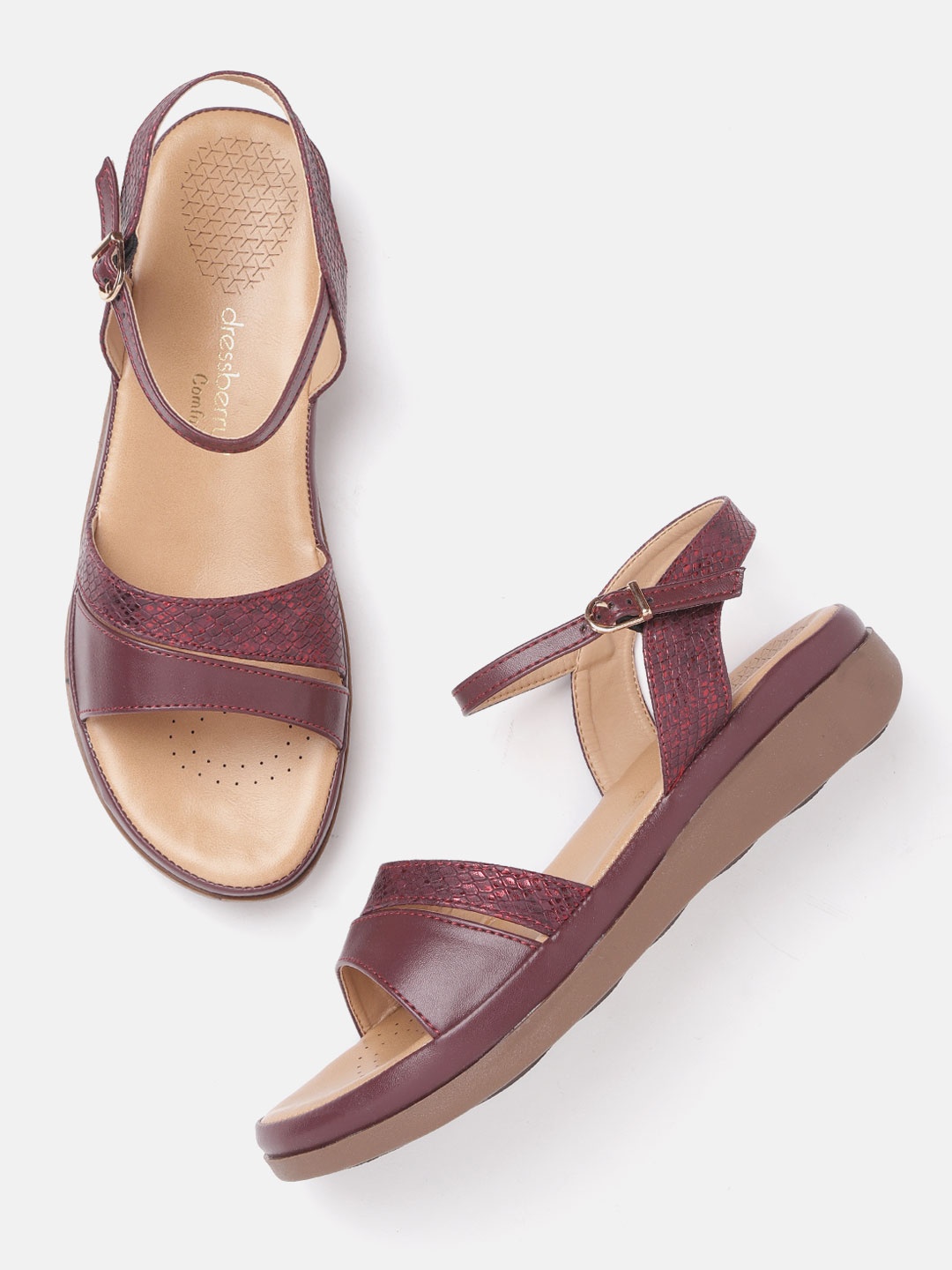 

DressBerry Women Burgundy Snakeskin Textured Open Toe Flats