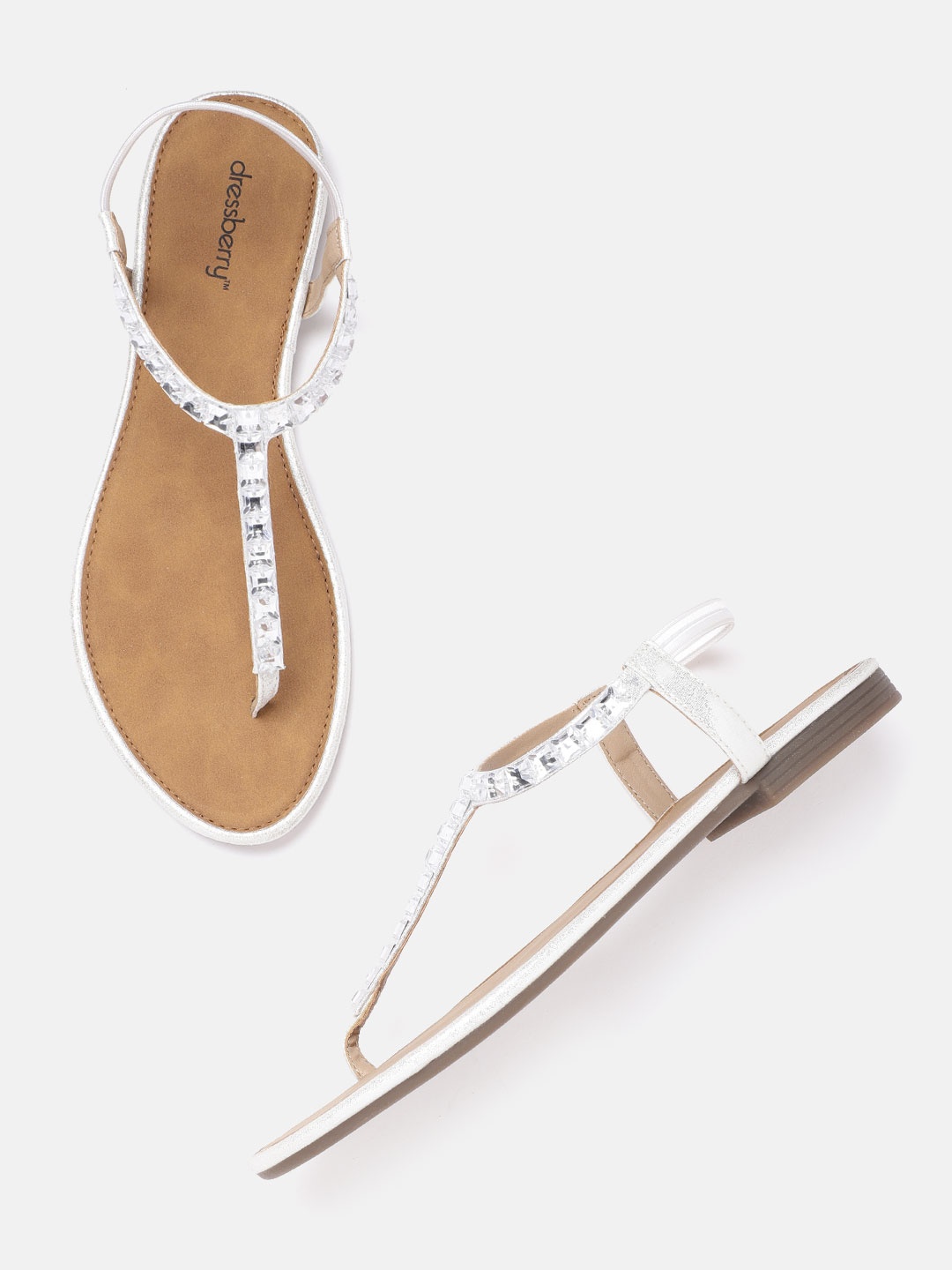 

DressBerry Women Silver-Toned Embellished T-Strap Flats