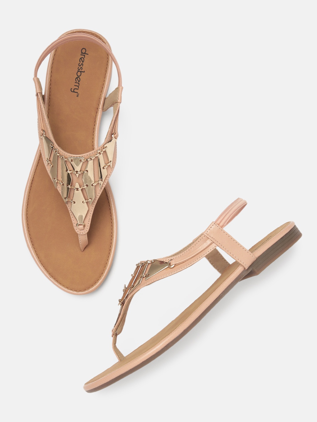

DressBerry Women Pink & Gold-Toned Embellished T-Strap Flats