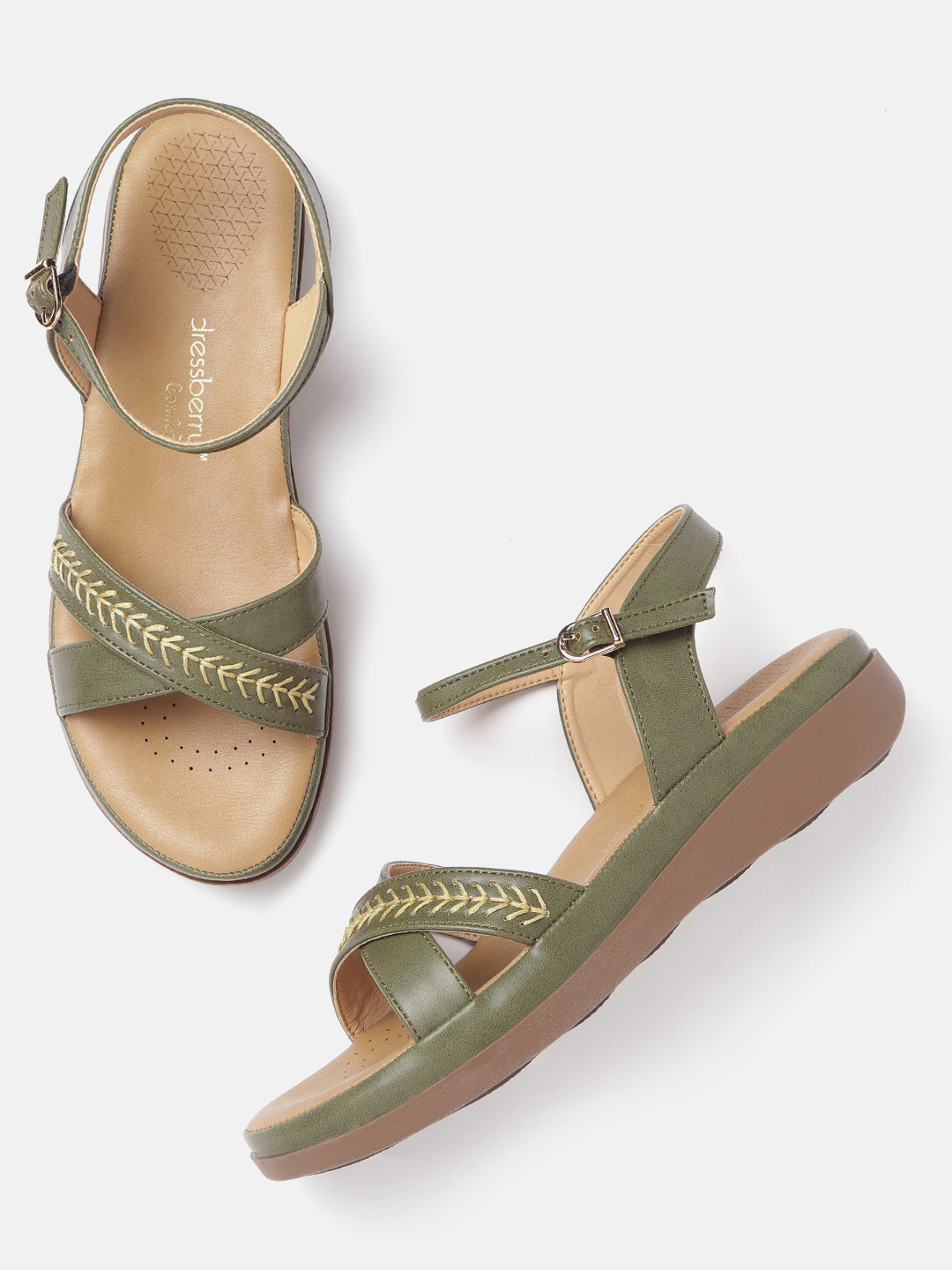 

DressBerry Women Olive Green Embroidered Detail Open Toe Flats