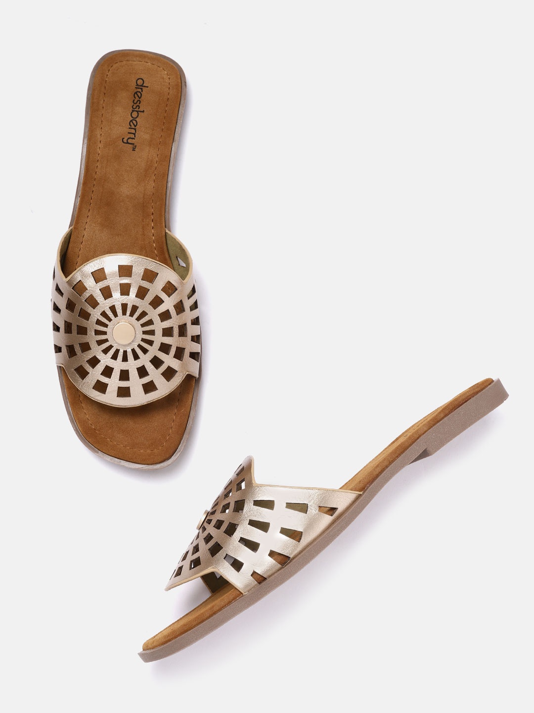 

DressBerry Women Gold-Toned Leather Open Toe Flats with Cut Out Detail