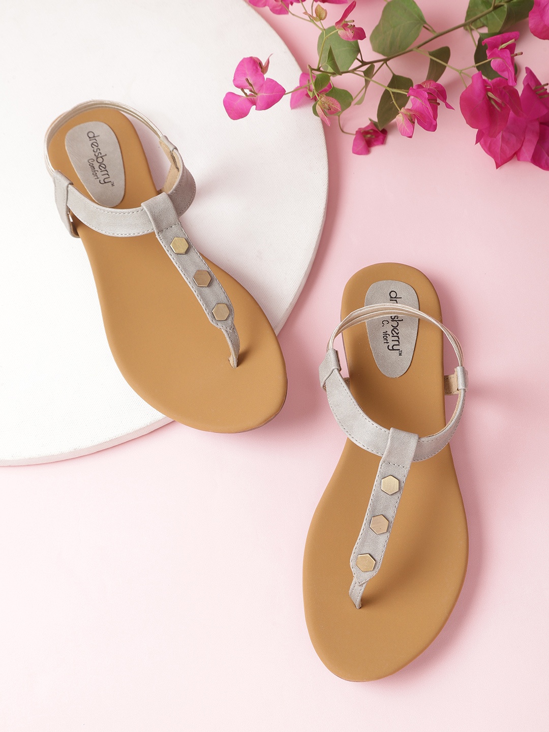 

DressBerry Women Grey Solid T-Strap Flats with Studded Detail