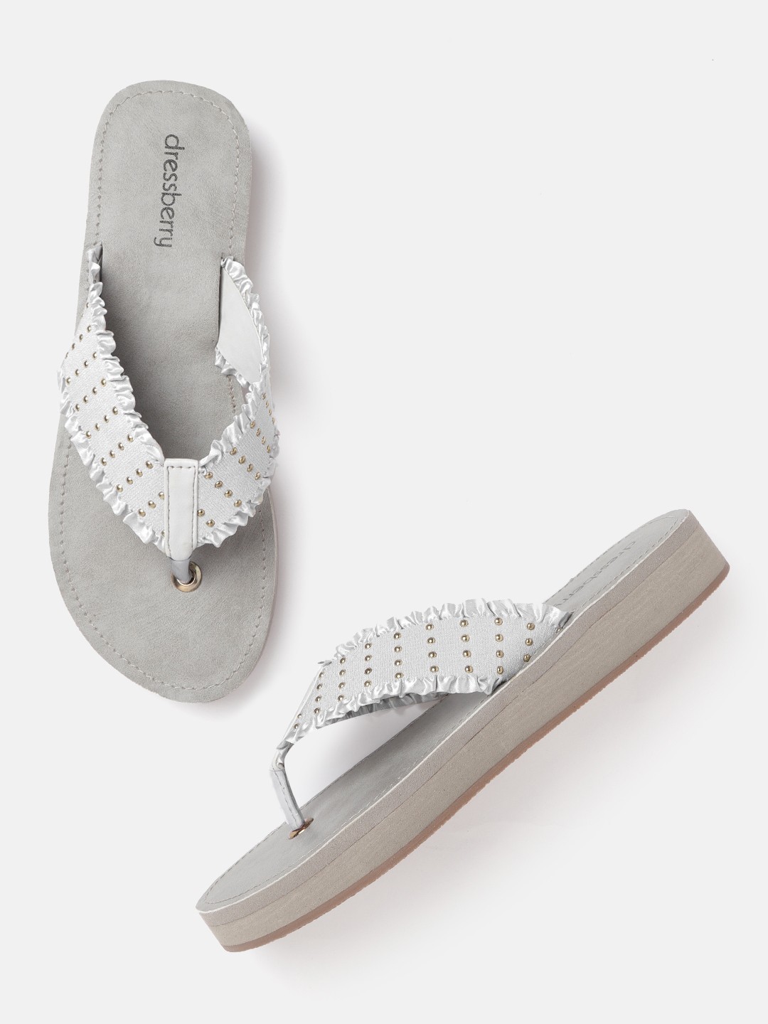 

DressBerry Women Grey & Gold-Toned Studded Open Toe Flats