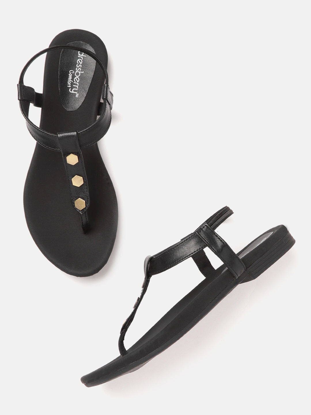 

DressBerry Women Black Studded Detail T-Strap Flats