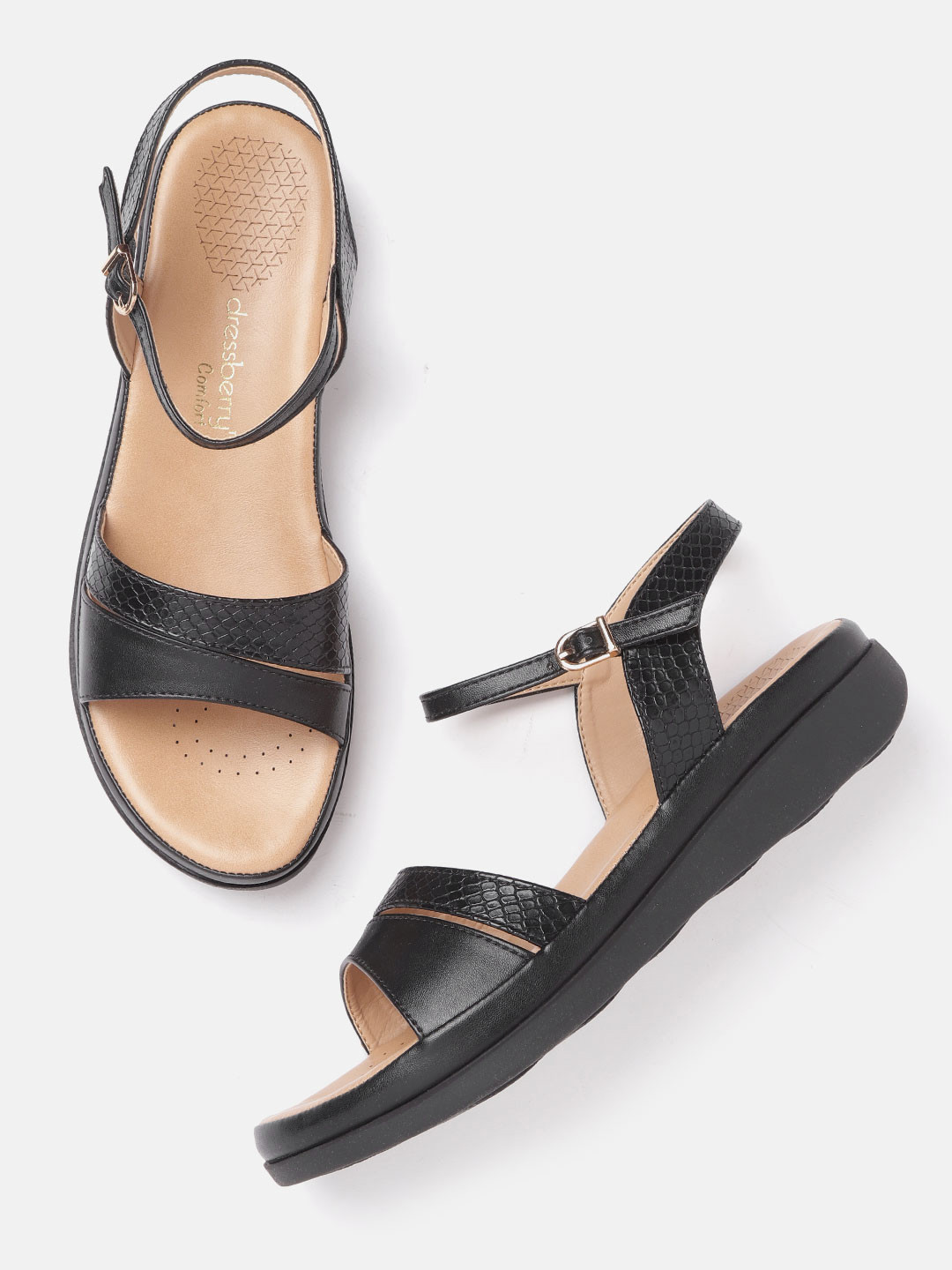 

DressBerry Women Black Snakeskin Textured Open Toe Flats