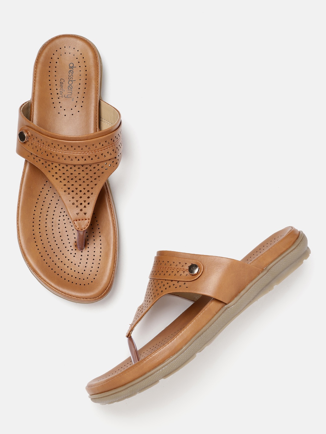 

DressBerry Women Tan Brown Laser-Cuts T-Strap Flats