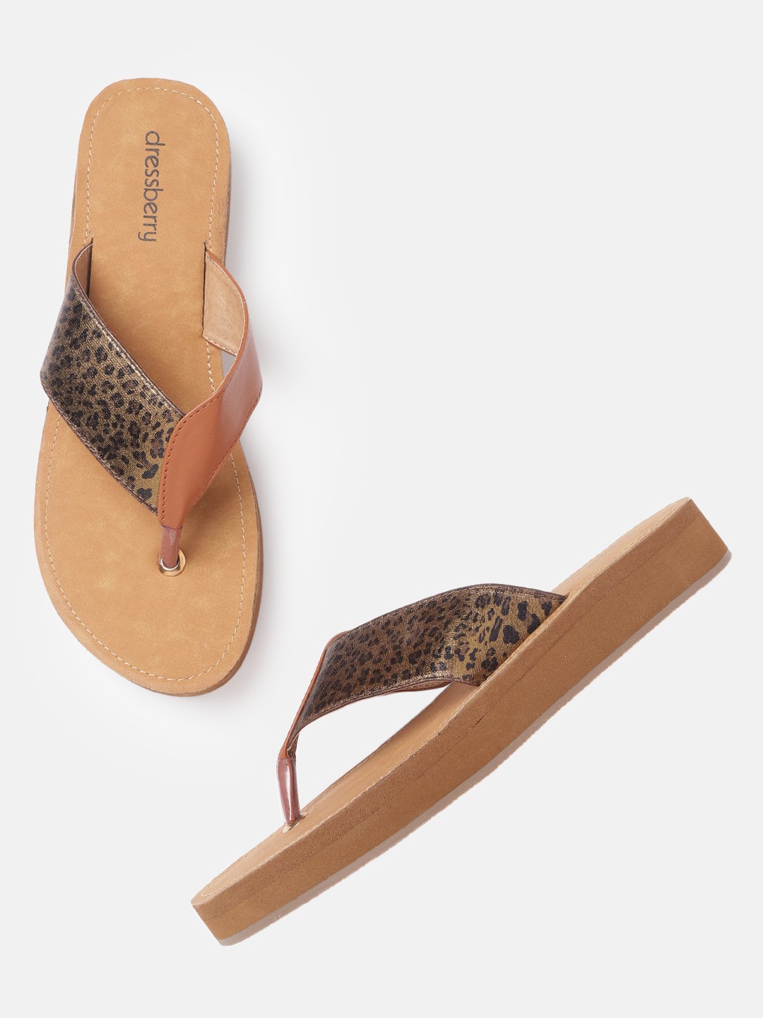 

DressBerry Women Gold-Toned & Tan Brown Leopard Printed Open Toe Flats